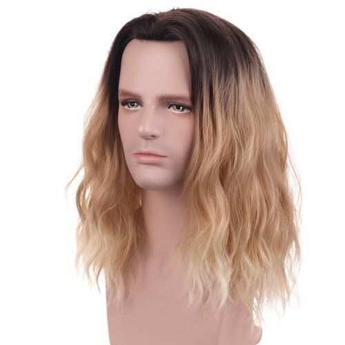 WTHCOS Men Wig Black Blonde Ombre Medium Ombre Black Blonde Curly Wavy Wig Male Wig Middle Part Wig Heat Resistant Synthetic Hair Cosplay Party Costume Halloween Daily Wear Wig With Wig Cap