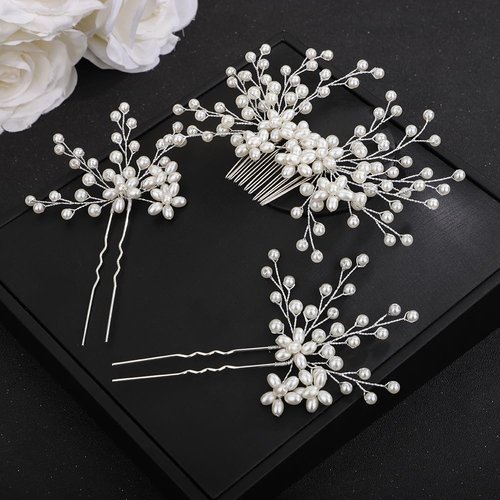 Teyglen Pearl Bride Wedding Hair Comb Pearl Hair Pins Silver Flower Headpiece Bridal Flower Pearl Hair Side Comb White Pearl Hair Piece Hair Accessories for Women Grils