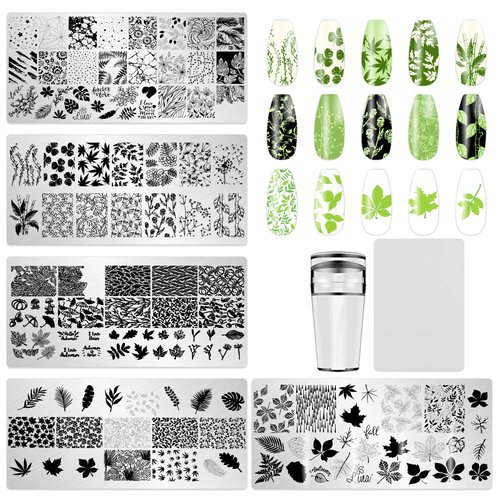 JCAKES 5Pcs Maple Leaf Nail Stamp Fall Nail Stamping Plates Nail Art Stamping Plates Nail Design Stamp Nail Art Template Acrylic Nail Tools with Nail Stamper, Scraper