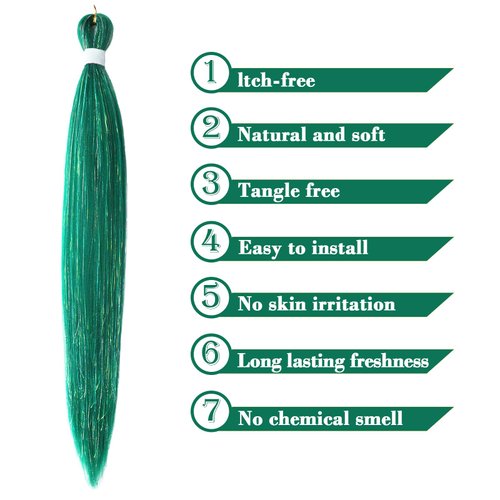 Savasana Green with Tinsel Pre stretched Braiding Hair, 26 Inches Kanekalon Box Braids Hair Extensions, 3 Packs Yaki Texture Braiding Hair Pre stretched