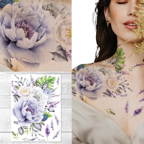 Supperb® Temporary Tattoos - Bohemian Floral Temporary Tattoo, Peony & Lavender Floral Temporary Tattoo, Watercolor Wildflowers Flowers