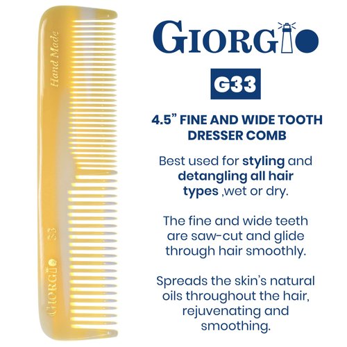 Giorgio G33 FineTooth and WideTooth Pocket Comb - Handmade Hair Styling and Grooming Comb for Men and Women, Beard, Mustache, and Barber Use, Saw Cut and Polished Travel Comb