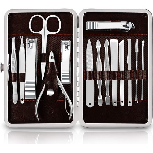 Utopia Care 15 Pieces Manicure Set - Stainless Steel Manicure Nail Clippers Pedicure Kit - Professional Grooming Kits, Nail Care Tools With Luxurious Travel Case (Silver)