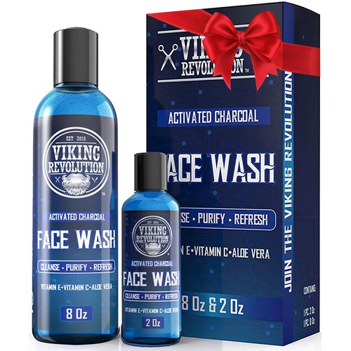 Viking Revolution Charcoal Face Wash for Men- Scrub Away Dirt and Toxins, Skin Cleaning Agent - Cleanse, Purify and Refresh - Daily Charcoal Facial Cleanser - 8 Fl Oz plus a 2 Fl Oz, 2 Piece Set