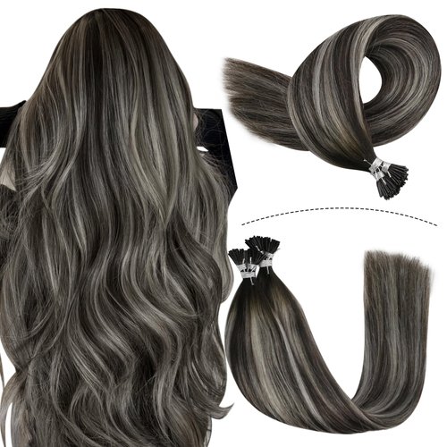 I Tip Hair Extensions,YoungSee Itip Real Hair Extensions Ombre Black Human Hair Itips Extensions Balayage Off Black and Silver I Tips Remy Hair Extensions for Girls 20In 50s 50g Black Hair Extensions