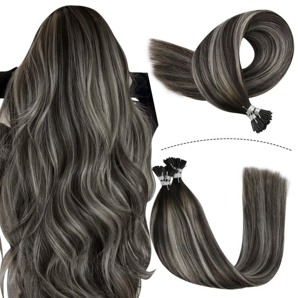 I Tip Hair Extensions,YoungSee Itip Real Hair Extensions Ombre Black Human Hair Itips Extensions Balayage Off Black and Silver I Tips Remy Hair Extensions for Girls 20In 50s 50g Black Hair Extensions