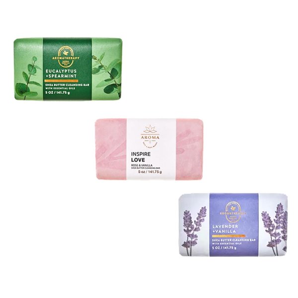 Bath + Body Works Aromatherapy Moisturizing Bar Soap Trio — Eucalyptus Spearmint + Rose Vanilla + Lavender Vanilla - Set of 3 Hydrating Cleansing Bar Soaps w/Shea Butter and Coconut Oil - 5 oz ea