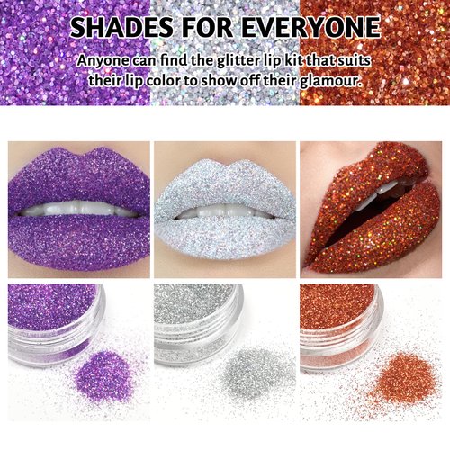 FREEORR 3 Colors Glitter Lip Kit, Diamond and Glitter Metallic Lip Powder with Lip Primer, Waterproof Long Lasting & Smudge Proof, Glitter Shimmer Sparkly Lip Cosmetic without Sticky Flake Off Set C