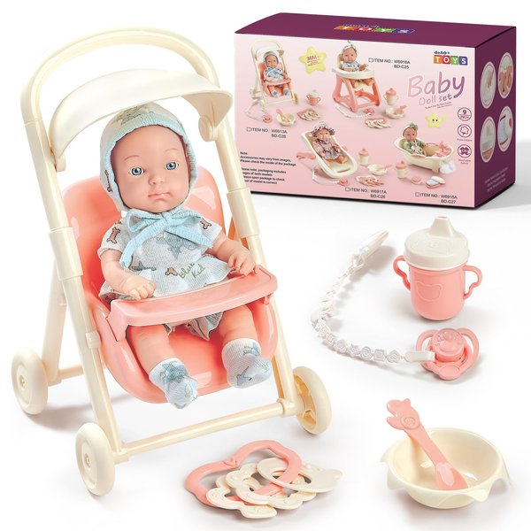deAO Baby Doll Stroller Set,Kids Play Stroller Toys,9 inch Soft Baby Dolls Toys with Trolleys,Bottle,Pretend Play Toys Gifts for Age 3 4 5 6 Girls
