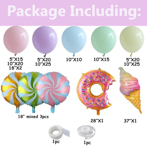 Pastel Ice Cream Balloon Garland Arch Kit, 157pcs Donut Sweet Candy Ice Cream Foil Balloons for Kids Donut Grow Up Baby Shower Two Sweet Girls Birthday Party Decorations