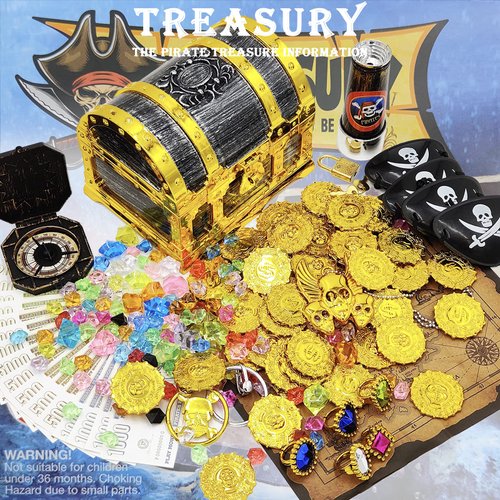 182 Pieces Kids Golden Frame Pirate Treasure Chest Toy Set with Lock Pirate Map Coins Gems Earrings Rings Eye Patch Compass Telescope Play Paper Money, Pirate Role Play Treasure Hunting Game for Kids
