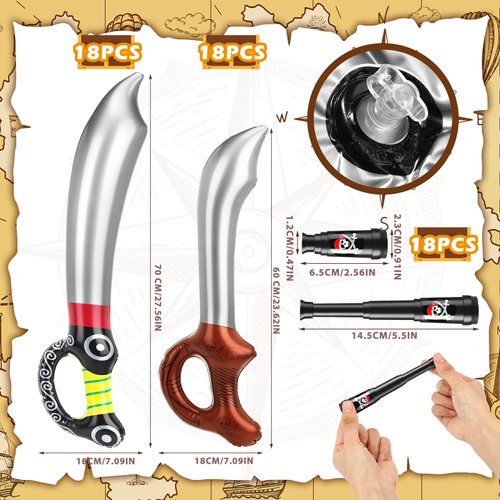 Libima 54 Pcs Inflatable Pirate Party Swords Retractable Telescope Favors Halloween Cosplay Set Include 36 Pirates Sword 18 Retractable Pirate Theme Party Telescopes for Pirate Party Favors