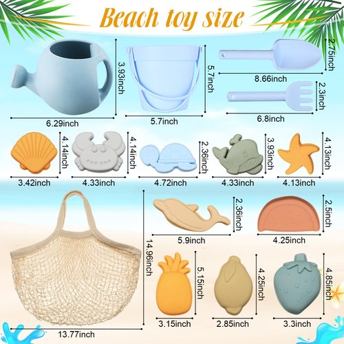 Civaner 15 Pcs Silicone Beach Toys for Baby Girls Includes Shovel and Rake Set with 10 Pcs Sand Toy Molds, Silicone Beach Sand Pail, Watering Can, Mesh Bag, Outdoor Baby Gardening Set for Beach Travel