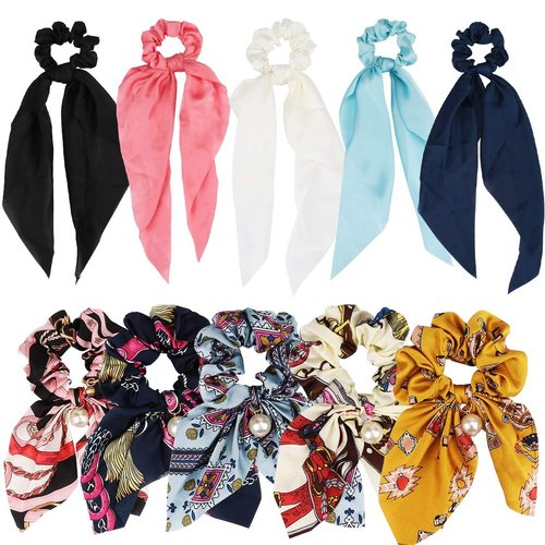 ANBALA Satin Ribbon Scrunchies Set, 10 Pcs Long Bow Hair Accessories - 5 Floral and 5 Solid Color Scrunchies with Tails for Women and Girls