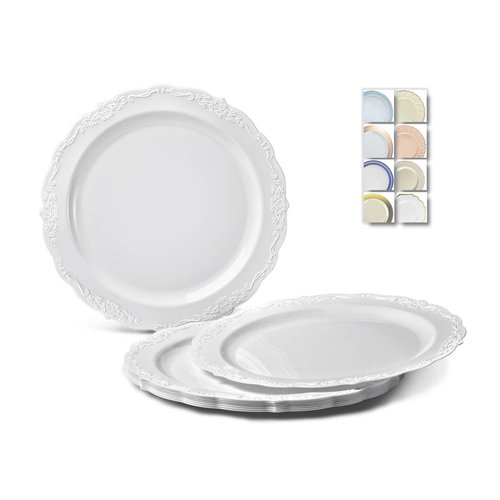 " OCCASIONS " 40 Plates Pack, Disposable Vintage Wedding Party Plastic Plates (7.5'' Appetizer/Dessert Plate, Verona in White)