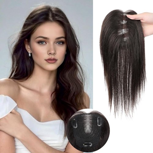 Uaismewow Hair Toppers for Women Real Human Hair Short Hair Toppers for Women with Thinning Hair 100% Remy Human Hair Clip in Dark Brown Real Hair Topper Middle Part Hair Topper for Thin Hair