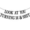 Black Glitter Look at You Turning 14 & Shit Banner, Happy 14th Birthday/Level 14 Unlocked/Cheers to 14 Years, Funny 14th Birthday Party Decorations Supplies