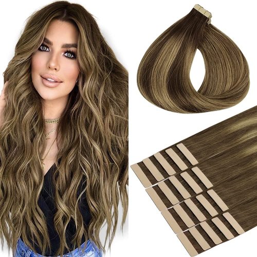 HOTBANANA Tape in Hair Extensions, 14 Inch Tape in Hair Extensions Human Hair 20pcs 50g Chocolate Brown Mixed Caramel Blonde Balayage Tape Hair Extensions Straight Remy Human Hair Tape in Extensions