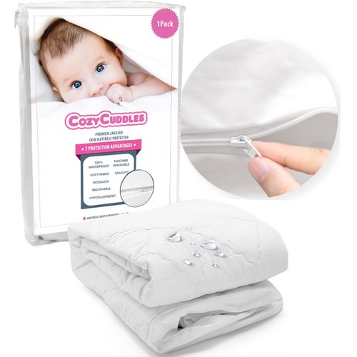 COZYCUDDLES Premium Zippered Quilted Waterproof Crib Protector Cover - All 6-Sides Waterproof Fully Encasement - Standard Baby Crib Toddler Bedding (52" x 28"), White, ‎CC-01