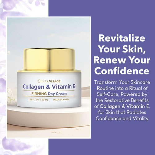 Clear Visage Collagen & Vitamin E Day Cream: Hydrating Anti-Aging Korean Skin Care - for Improved Elasticity and Repairing Fine Lines - Giving Youthful Skin - Suitable for All Skin Types - 1.69 Fl Oz