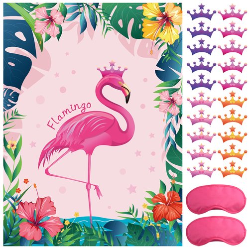 ASTARON Pin The Crown on The Flamingo, Flamingo Theme Party Game with 24 Crown Stickers for Birth...