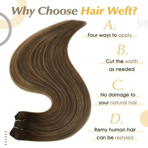Full Shine Weft Hair Extensions Human Hair 12 Inch Weft Sew in Hair Extensions Real Human Hair 80G Color Medium Brown To Honey Blonde Mix Medium Brown Weft Ombre Brown Silky Straight Human Hair