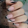 ROFIBUT French Tip Press on Nails Medium Square Fake Nails Silver Line Black Glitter Stripe Design Full Cover Glue on Nails Glossy Coffin Artificial Acrylic Nails for Women Girls DIY Manicure 24Pcs