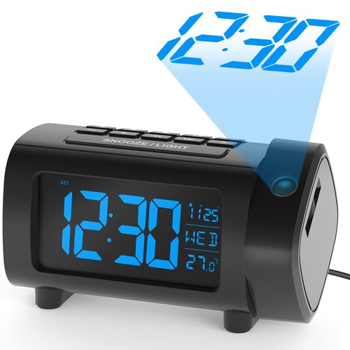LIORQUE Projection Alarm Clock for Bedroom, Radio Alarm Clock with Projection on Ceiling Wall, Digital Clock Projector with 2-Color Display, 4-Level Dimmer, Temperature Monitor, 12/24H