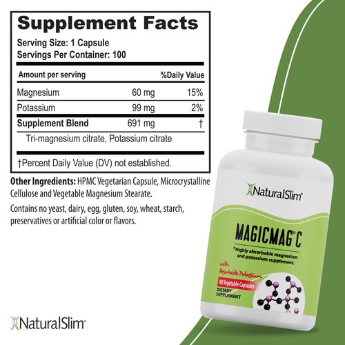 NaturalSlim MagicMag C Magnesium Citrate Capsules – Magnesium Supplement with Natural Potassium | Sleep Support, Heart Health, and Muscle Cramp Relief | Gluten-Free, 100 Capsules (3 Pack)
