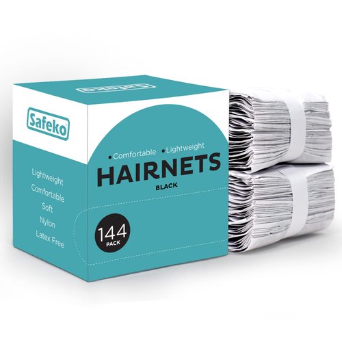 SAFEKO Hair Nets 144 PCS, Individually Wrapped, Lightweight Nylon Hairnets, Latex-Free | Black, Regular (21")