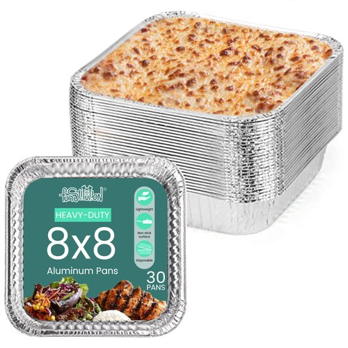 FUNSTITUTION Aluminum Foil Pans 8x8 Inches (30 Pack) - Tin Foil Pans with High Heat Conductivity - Disposable Aluminum Tray Cookware For Baking, Grilling, Cooking, Storing, Prepping