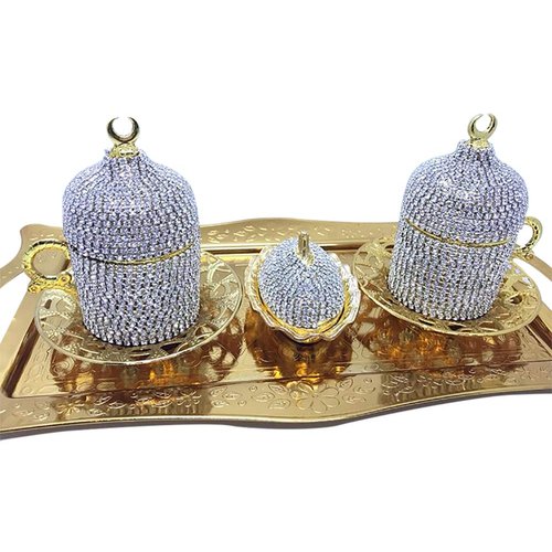 HamamTamam Two Pieces Set of Swarovski Coffee Cup - Crystal Coated Coffee Cup - Ottoman Turkish Greek Arabic Coffee Espresso Cups - Golden Color Serving Cups and Saucer Set