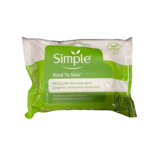 Simple Kind to Skin Cleansing Wipes Micellar 4 Count Gentle and Effective Makeup Remover Free From Color and Dye, Artificial Perfume and Harsh Chemicals 25 Wipes