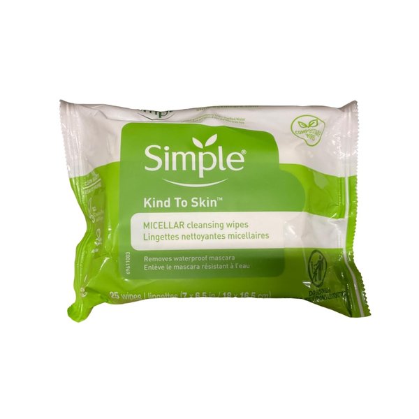 Simple Kind to Skin Cleansing Wipes Micellar 4 Count Gentle and Effective Makeup Remover Free From Color and Dye, Artificial Perfume and Harsh Chemicals 25 Wipes