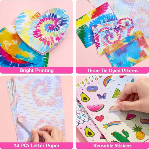 Tie Dyed Stationery Set - 69 PCS Rainbow Girls Stationery Paper with Lines Letter Paper for Kids Christmas Birthday Party Gift Letter Writing Kit with Greeting Cards Stickers and Pen