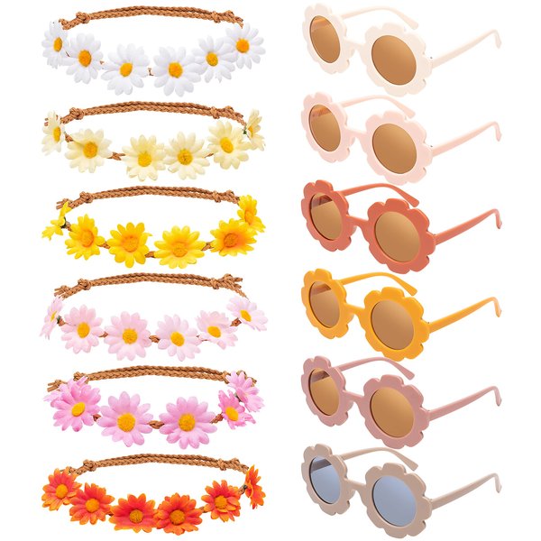 A1diee 12Pcs Groovy Retro Flower Sunglasses Headbands Party Favors Boho Hippie Round Flower Polarized Eyewear Multicolor Daisy Flower Crown Costume Accessories Set 60s Festival Party Gifts for Kids