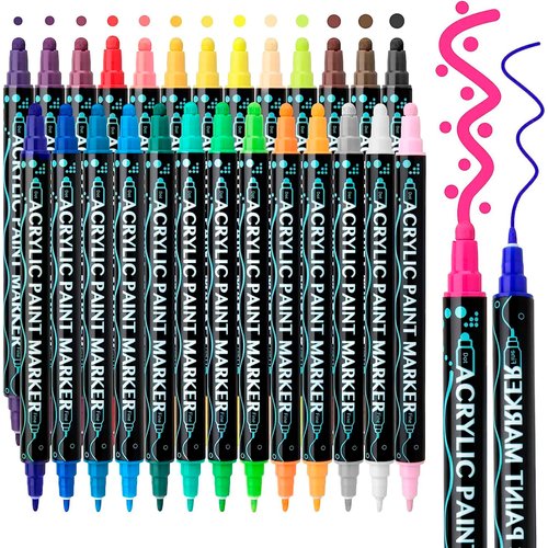 Interpack Group 24 Colors Acrylic Paint Marker Pens, Dual Tip With Medium and Brush Tip for Wood, Stone, Glass, Ceramic Surfaces, DIY Crafts Making Art Supplies