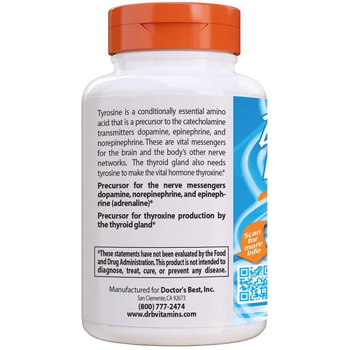 Doctor's Best L-Tyrosine, Healthy Brain Function, Amino Acid, Healthy Glandular Function, Non-GMO, Gluten Free, 120 VC