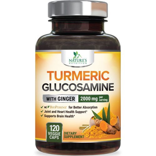 Turmeric Curcumin with BioPerine, Ginger & Glucosamine 95% Curcuminoids 2000mg Black Pepper for Max Absorption Joint Support, Nature's Tumeric Herbal Extract Supplement, Vegan, Non-GMO - 120 Capsules