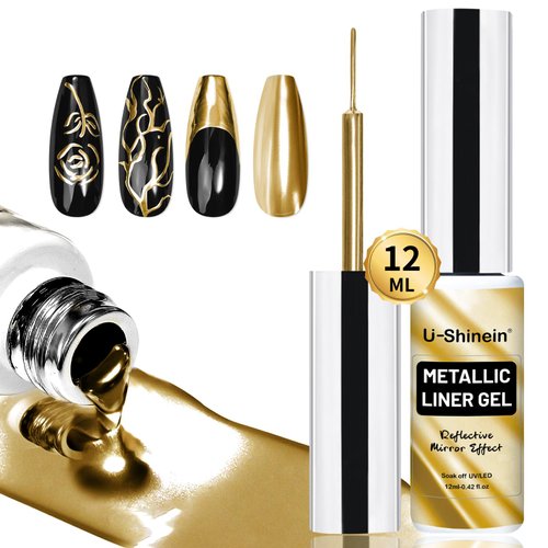 U-Shinein 12ml Metallic Painting Gel Liner Nail Art 3D Mirror Chrome Effect Gel Nail Polish Metal Painted Drawing Gel Build in Thin Brush Soak Off UV/LED Gold Striper Gel for Salon Home DIY Manicure