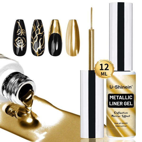 U-Shinein 12ml Metallic Painting Gel Liner Nail Art 3D Mirror Chrome Effect Gel Nail Polish Metal Painted Drawing Gel Build in Thin Brush Soak Off UV/LED Gold Striper Gel for Salon Home DIY Manicure