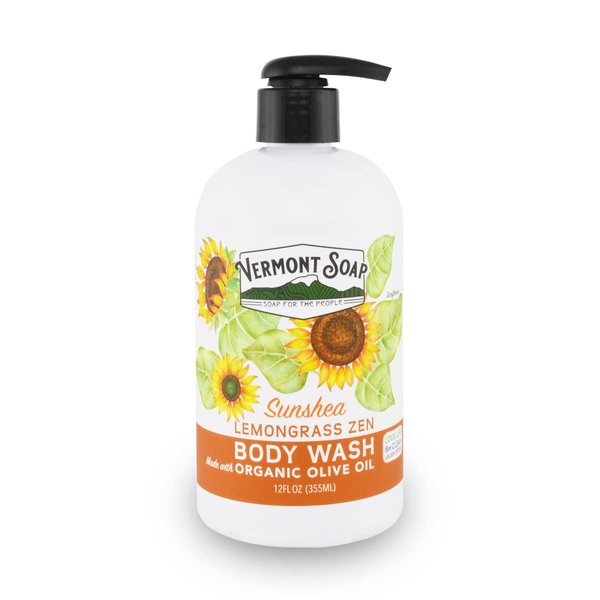 VERMONT SOAP Body Wash, Natural Body Wash with Shea Butter, Mild Gel Body Wash for Moisturizing and Soothing Skin, Fragrance Free Body Wash for Women & Men (Lemongrass Zen, 12oz)