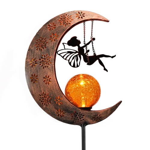 TERESA'S COLLECTIONS Solar Lights Outdoor for Garden Decor,39" Metal Moon Fairy Pathway Light Garden Statues with Crackle Glass for Patio Decor,Lawn Ornaments Yard Art for Outside, Housewarming Gift
