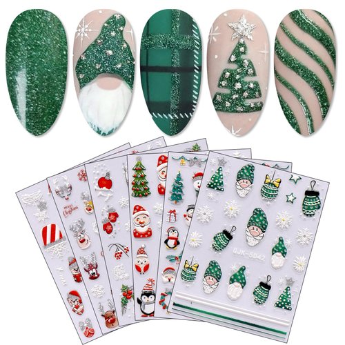 JMEOWIO 6 Sheets 3D Embossed Christmas Glitter Nail Art Stickers Decals Self-Adhesive Pegatinas Uñas 5D Snowflake Xmas Winter Holiday Cute Santa Nail Supplies Nail Art Design Decoration Accessories