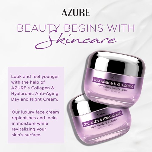 AZURE Hyaluronic Acid & Collagen Day/Night Cream Value Set - Renewing, Toning & Hydrating Face Moisturizer - Reduces Wrinkles, Fine Lines - Vegan Skin Care Made in Korea - 2x 50mL / 1.69 Fl Oz