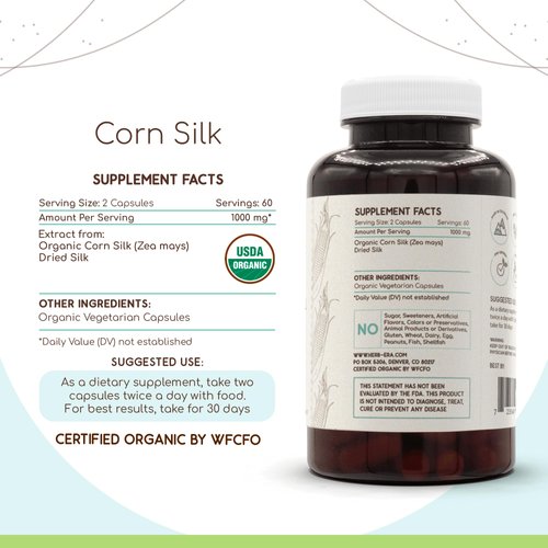 HerbEra Corn Silk 120 Capsules, 500 mg, USDA Organic Corn Silk (Zea Mays) Dried Silk (120 Capsules)