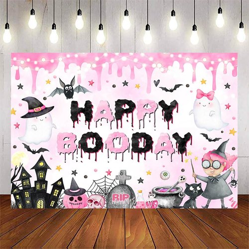 Avezano Happy Boo Day Backdrop for Girl Pink and Black Halloween Birthday Party Decorations Ghost Boo Spooky Happy Boo Day Banner Halloween Bday Party Supplies(7x5ft)