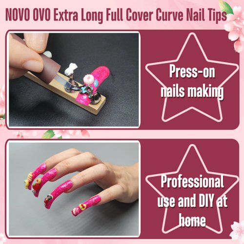 NOVO OVO Curved Nail Tips Press on Full Cover, Extra Curve Square Gel x Thick Long XL XXL Acrylic Fake Nails Extension kit, Clear Pre-etched Soft French False Nail 12 Sizes 240pc (QUEEN SQUARE PRO)