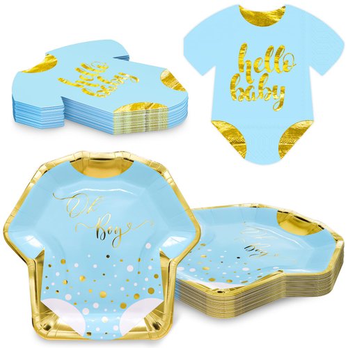 Baby Shower Plates and Napkins for Boy Serves 24, Disposable Napkins and 9.9" Shaped Plates with Gold Foil for Boys Gender Reveal Oh Baby Newborn Baby Shower Birthday, Blue Baby Boy