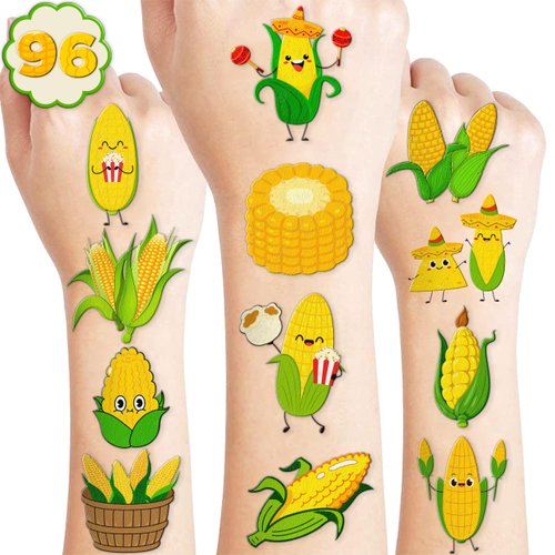 96 PCS Cute Corn On Cob Temporary Tattoos Themed Birthday Party Decorations Supplies Favors Decor Corntastic Day Vegetable Die Cut Tattoo Stickers Gifts For Boys Girls Classroom School Prizes Carnival